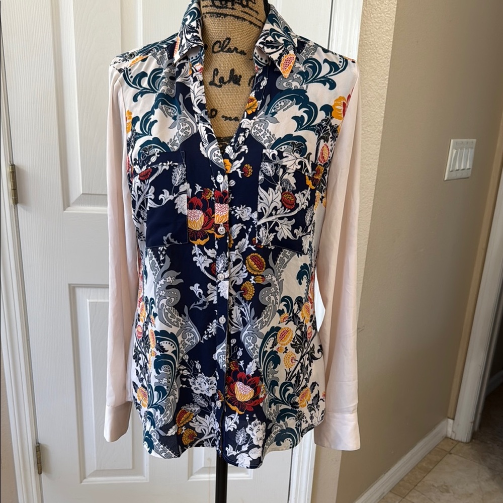 Express Orange Long Sleeve Notched Collar Shirt